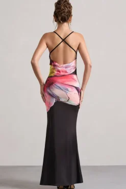 Kali | Black Floral Print Cowl-Neck Open-Back Split Maxi Dress