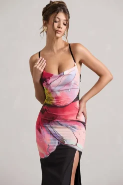 Kali | Black Floral Print Cowl-Neck Open-Back Split Maxi Dress