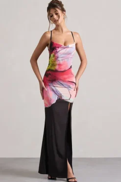 Kali | Black Floral Print Cowl-Neck Open-Back Split Maxi Dress