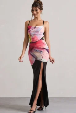 Kali | Black Floral Print Cowl-Neck Open-Back Split Maxi Dress