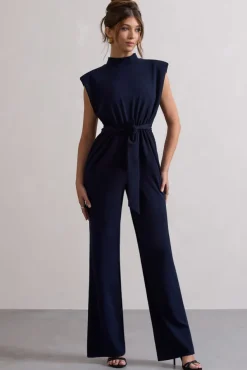 Kalona | Navy High-Neck Wide-Leg Jumpsuit With Tie Waist