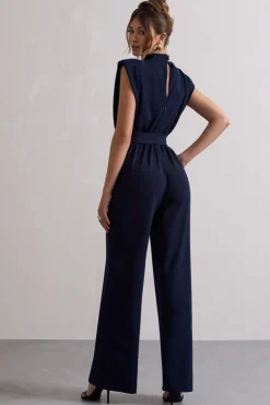 Kalona | Navy High-Neck Wide-Leg Jumpsuit With Tie Waist