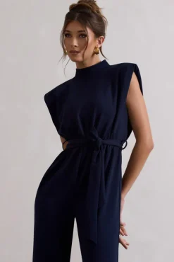 Kalona | Navy High-Neck Wide-Leg Jumpsuit With Tie Waist