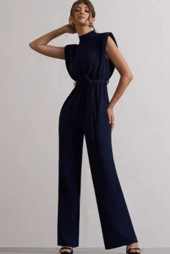 Kalona | Navy High-Neck Wide-Leg Jumpsuit With Tie Waist