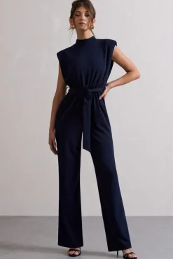 Kalona | Navy High-Neck Wide-Leg Jumpsuit With Tie Waist