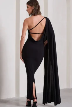 Kamila | Black One Shoulder Cape Sleeve Open-Back Maxi Dress