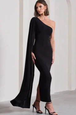 Kamila | Black One Shoulder Cape Sleeve Open-Back Maxi Dress