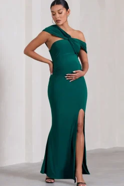 Kara | Bottle Green Asymmetric Twisted Bardot Split Maternity Maxi Dress