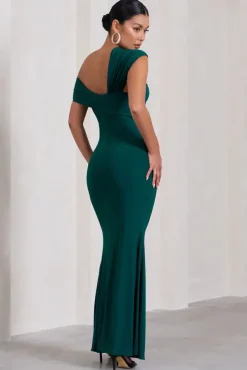 Kara | Bottle Green Asymmetric Twisted Bardot Split Maternity Maxi Dress