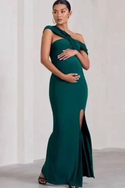Kara | Bottle Green Asymmetric Twisted Bardot Split Maternity Maxi Dress