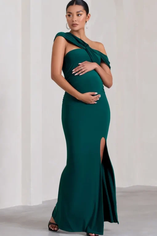 Kara | Bottle Green Asymmetric Twisted Bardot Split Maternity Maxi Dress