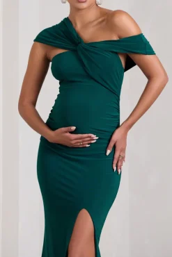 Kara | Bottle Green Asymmetric Twisted Bardot Split Maternity Maxi Dress