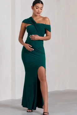 Kara | Bottle Green Asymmetric Twisted Bardot Split Maternity Maxi Dress