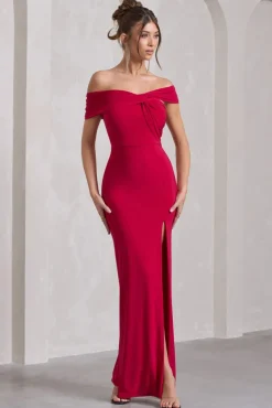 Kara | Red Asymmetric Twisted Bardot Split Maxi Dress