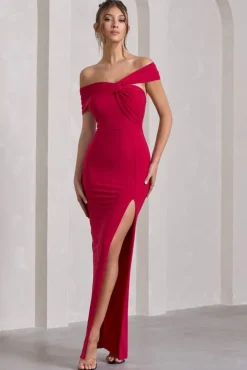 Kara | Red Asymmetric Twisted Bardot Split Maxi Dress