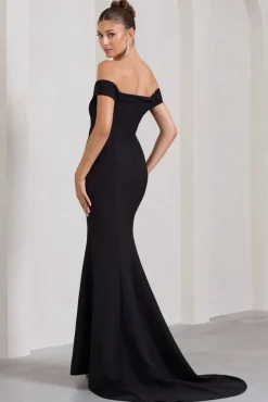 Karma | Black Bardot Split Fishtail Maxi Dress