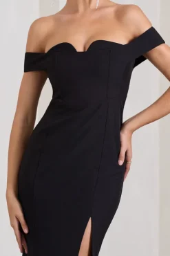 Karma | Black Bardot Split Fishtail Maxi Dress