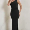 Kary | Black One Shoulder Thigh Split Maxi Dress