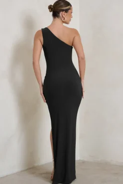 Kary | Black One Shoulder Thigh Split Maxi Dress