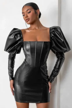 Karyme | Black Faux Leather Puff Sleeve Mini Dress With Corset Detail