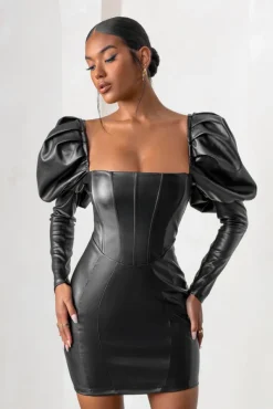 Karyme | Black Faux Leather Puff Sleeve Mini Dress With Corset Detail