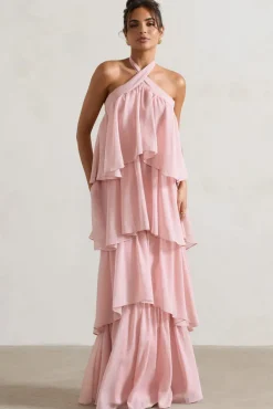 Kassiah | Light Pink Halter-Neck Ruffle Maxi Dress