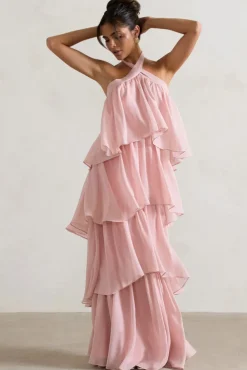 Kassiah | Light Pink Halter-Neck Ruffle Maxi Dress