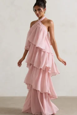 Kassiah | Light Pink Halter-Neck Ruffle Maxi Dress