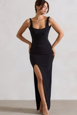 Kate | Black Square Neck Maxi Dress with Plunge Back and Side Thigh Split
