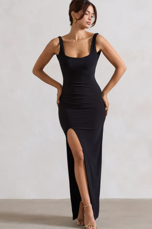 Kate | Black Square Neck Maxi Dress with Plunge Back and Side Thigh Split