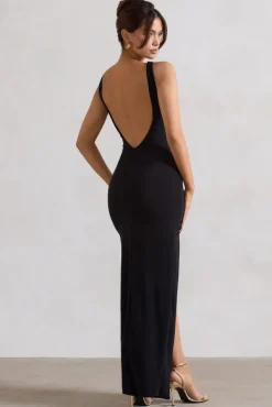 Kate | Black Square Neck Maxi Dress with Plunge Back and Side Thigh Split