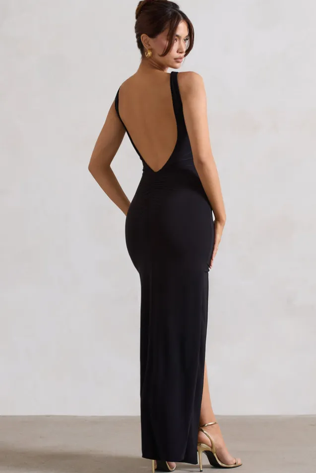 Kate | Black Square Neck Maxi Dress with Plunge Back and Side Thigh Split