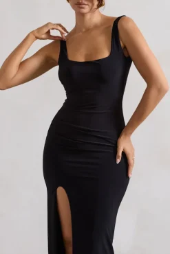 Kate | Black Square Neck Maxi Dress with Plunge Back and Side Thigh Split