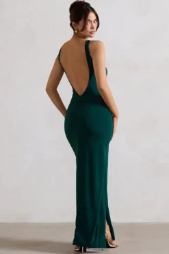 Kate | Bottle Green Square Neck Maxi Dress with Plunge Back and Side Thigh Split