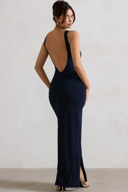 Kate | Navy Square Neck Maxi Dress with Plunge Back and Side Thigh Split