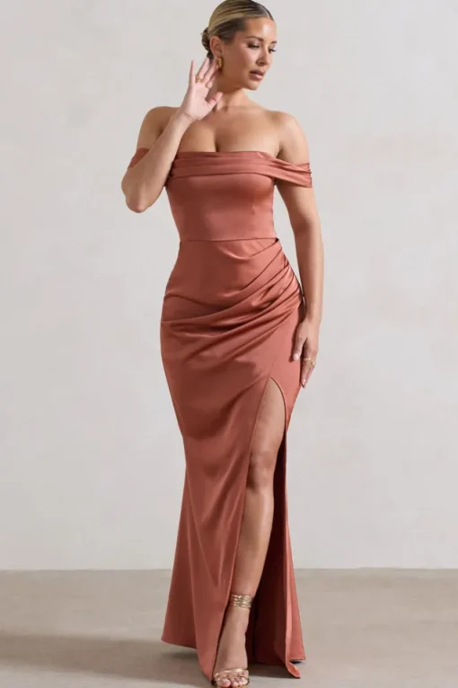 Katia | Rust Satin Bardot Fishtail Maxi Dress