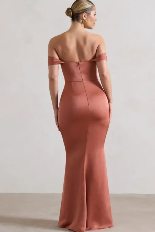 Katia | Rust Satin Bardot Fishtail Maxi Dress