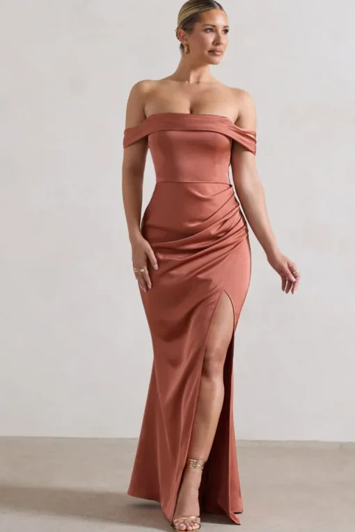 Katia | Rust Satin Bardot Fishtail Maxi Dress