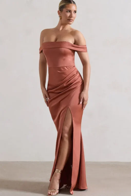 Katia | Rust Satin Bardot Fishtail Maxi Dress