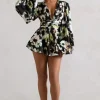 Katsura | Black Floral Print Satin Plunge-Neck Playsuit
