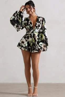 Katsura | Black Floral Print Satin Plunge-Neck Playsuit