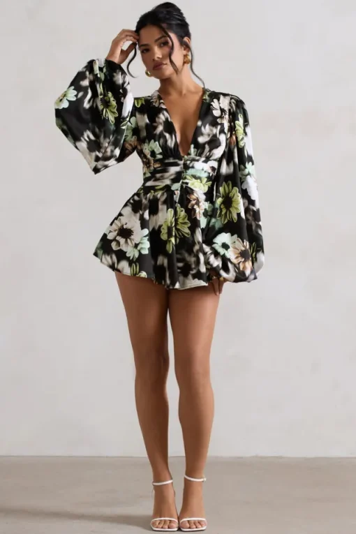 Katsura | Black Floral Print Satin Plunge-Neck Playsuit