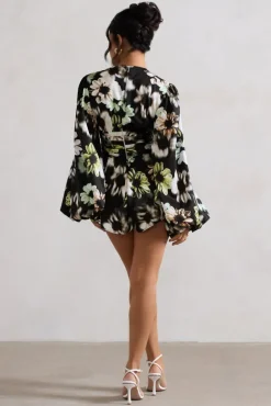 Katsura | Black Floral Print Satin Plunge-Neck Playsuit