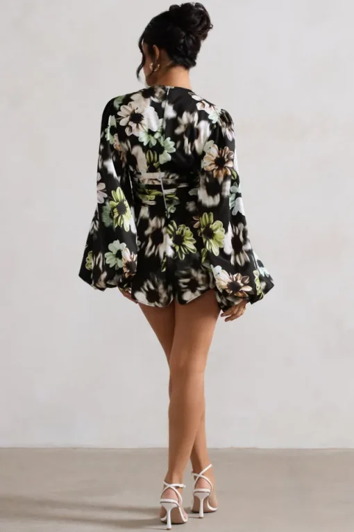 Katsura | Black Floral Print Satin Plunge-Neck Playsuit