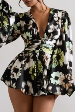 Katsura | Black Floral Print Satin Plunge-Neck Playsuit
