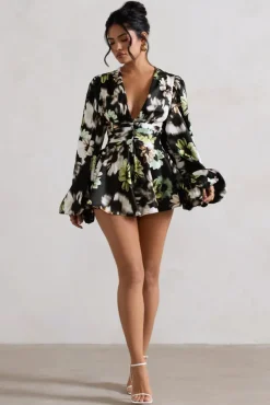 Katsura | Black Floral Print Satin Plunge-Neck Playsuit