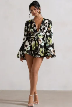 Katsura | Black Floral Print Satin Plunge-Neck Playsuit