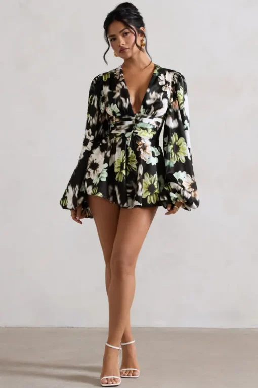 Katsura | Black Floral Print Satin Plunge-Neck Playsuit