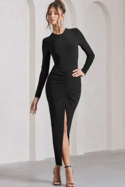 Katy | Black Ruched Long-Sleeve Split Maxi Dress