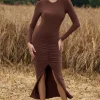 Katy | Chocolate Ruched Long-Sleeve Split Maxi Dress